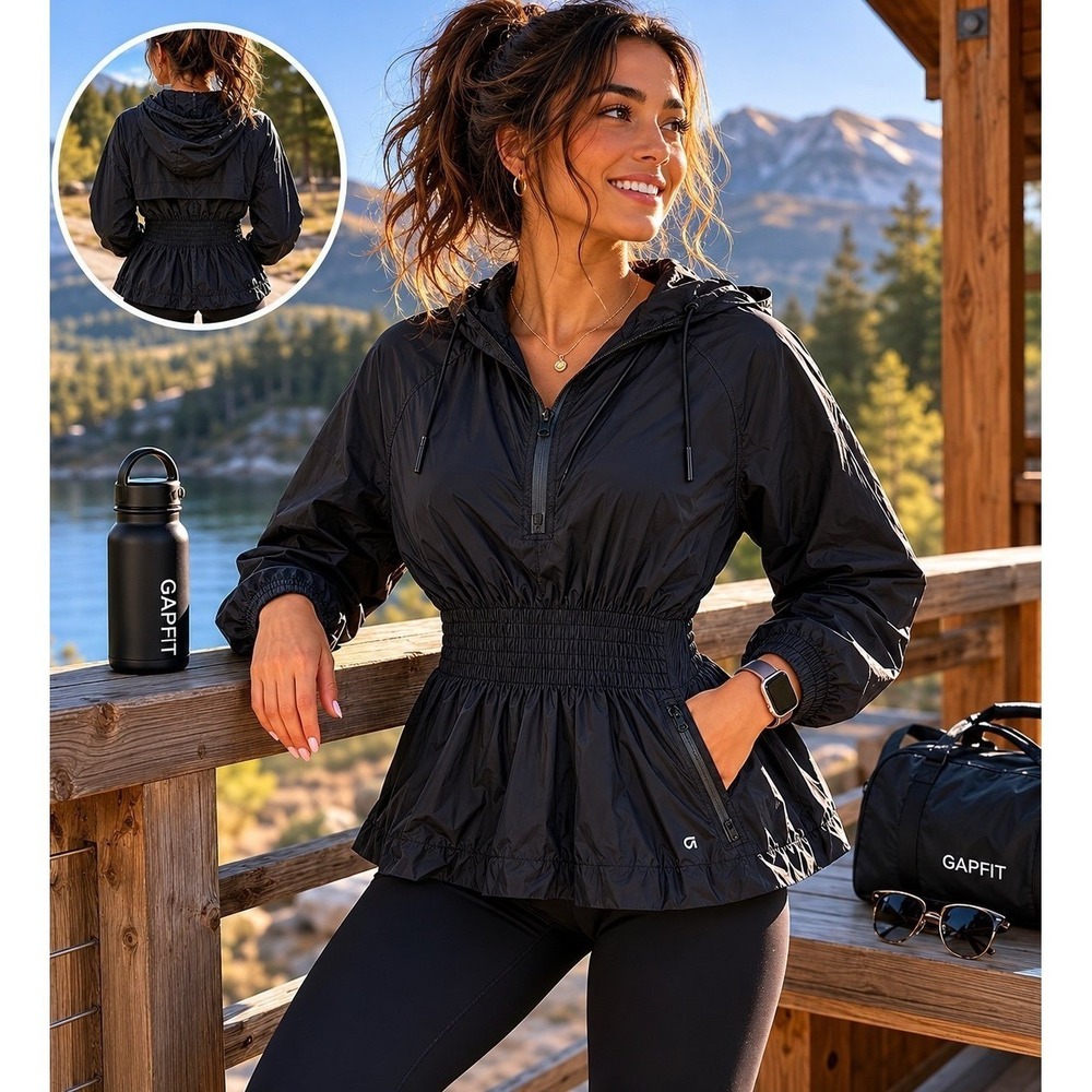 GapFit Black Hooded Windbreaker Jacket Smocked Waist Zip Pullover Women Medium